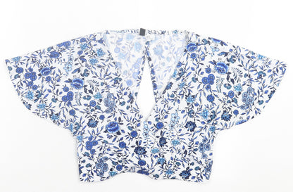 H&M Womens Blue Floral Polyester Cropped T-Shirt Size S V-Neck