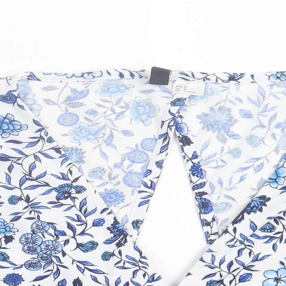 H&M Womens Blue Floral Polyester Cropped T-Shirt Size S V-Neck