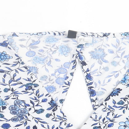 H&M Womens Blue Floral Polyester Cropped T-Shirt Size S V-Neck