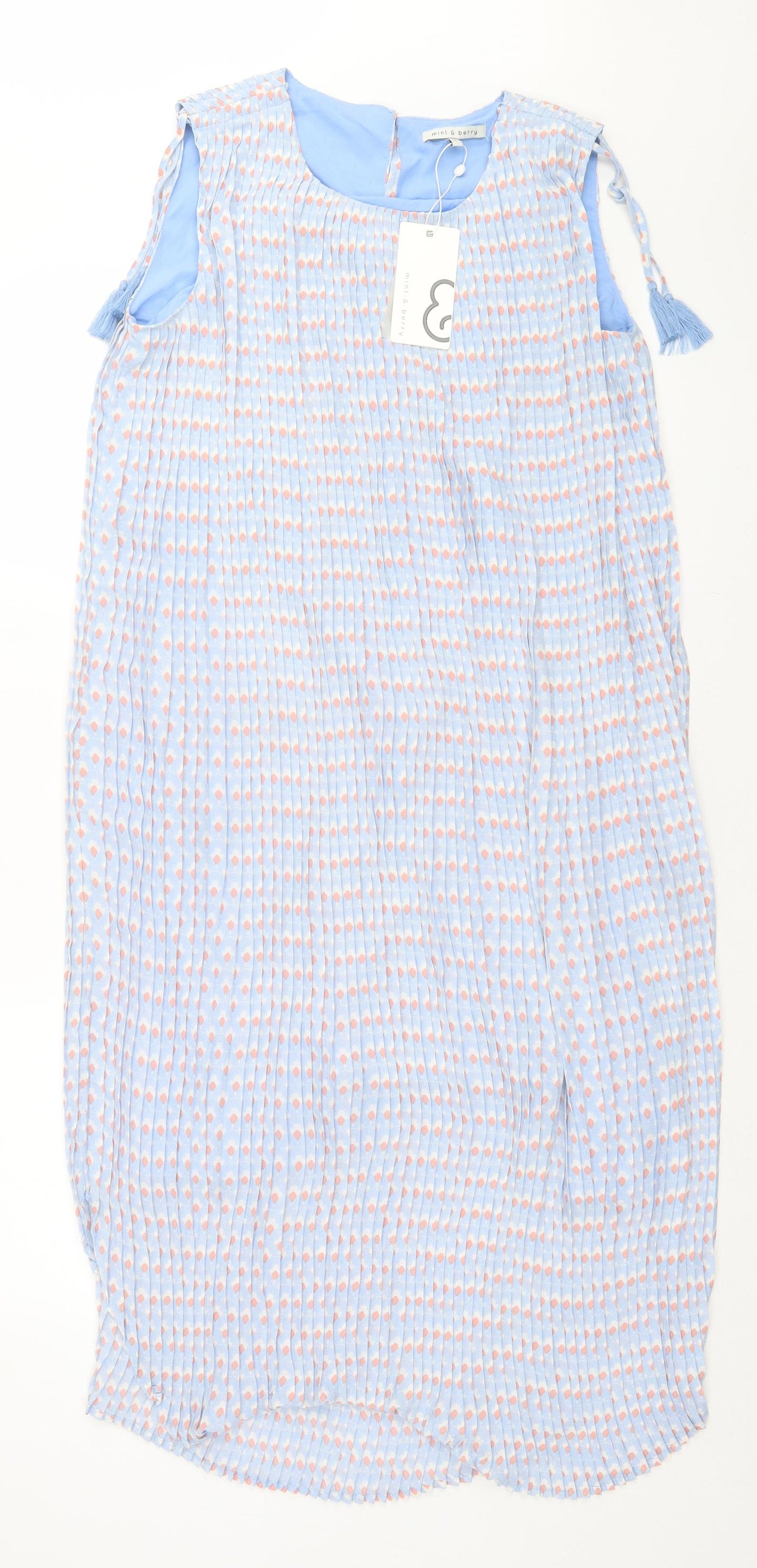 Mint & Berry Womens Blue Geometric Polyester Tank Dress Size 8 Crew Neck Button