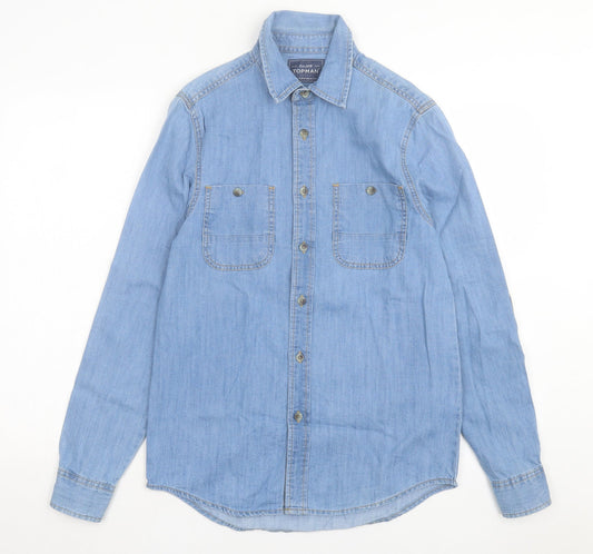 Topman Mens Blue Cotton Button-Up Size S Collared Button