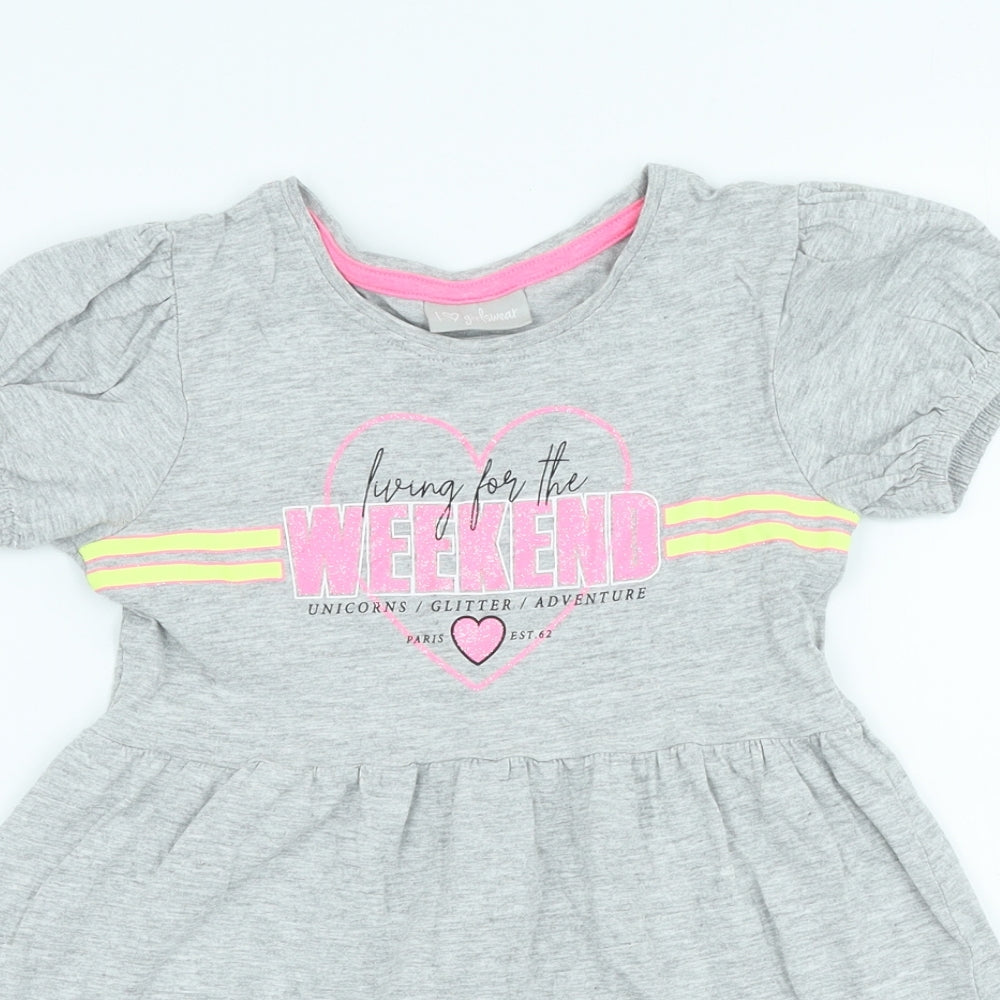 I love Girlswear Girls Grey Cotton Skater Dress Size 4 Years Crew Neck