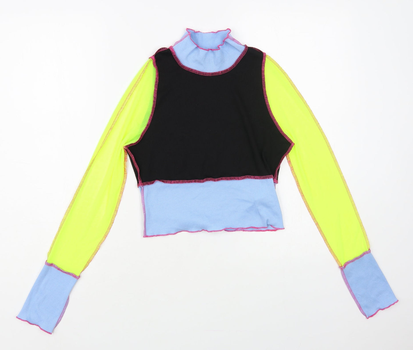 SheIn Womens Multicoloured Colourblock Polyester Cropped Blouse Size S High Neck