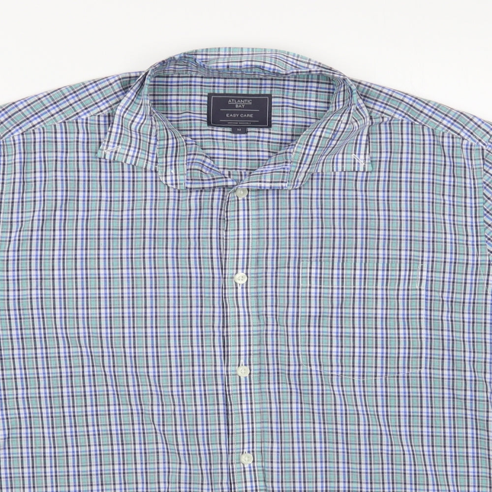 Atlantic Bay Mens Blue Plaid Polyester Button-Up Size M Collared Button
