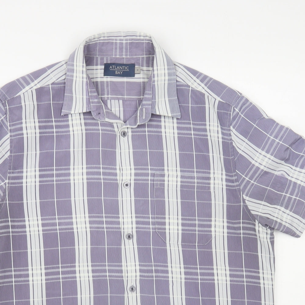 Atlantic Bay Mens Purple Plaid Polyester Button-Up Size M Collared Button