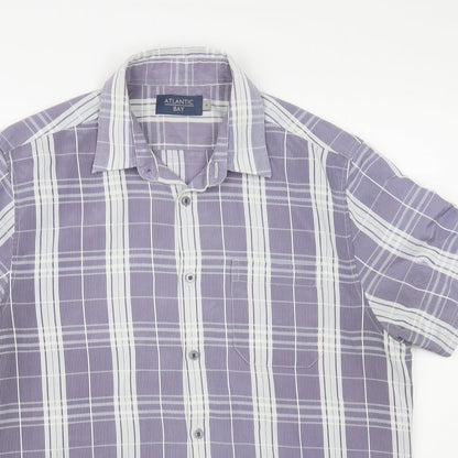 Atlantic Bay Mens Purple Plaid Polyester Button-Up Size M Collared Button
