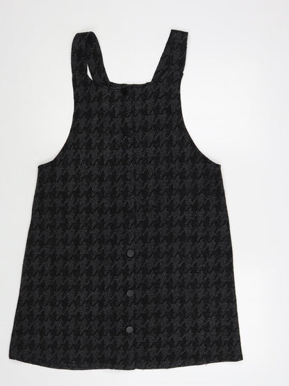 New Look Womens Grey Houndstooth Acrylic Pinafore/Dungaree Dress Size 4 Scoop Neck Pullover