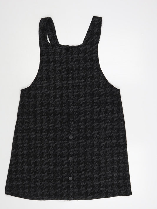 New Look Womens Grey Houndstooth Acrylic Pinafore/Dungaree Dress Size 4 Scoop Neck Pullover