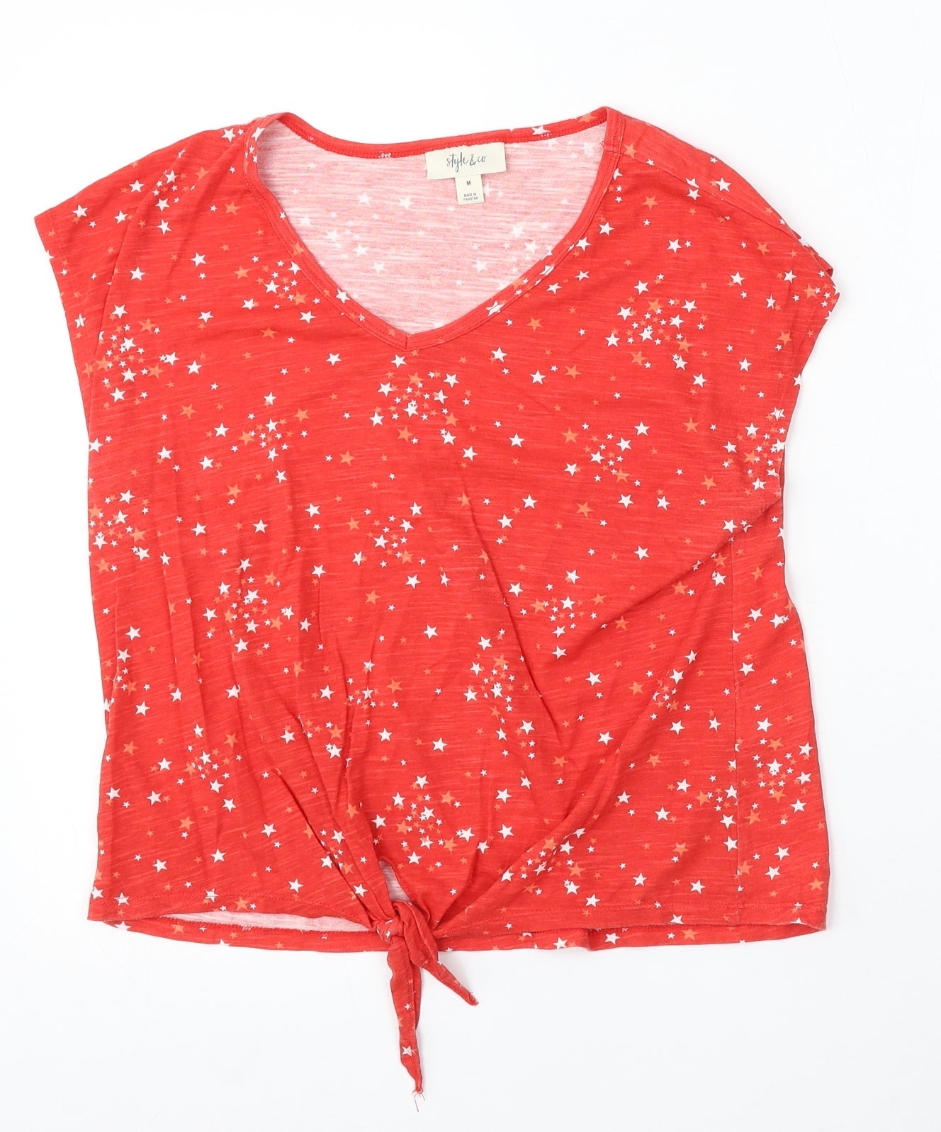Style and co Womens Red Geometric Cotton Basic Tank Size M V-Neck - stars