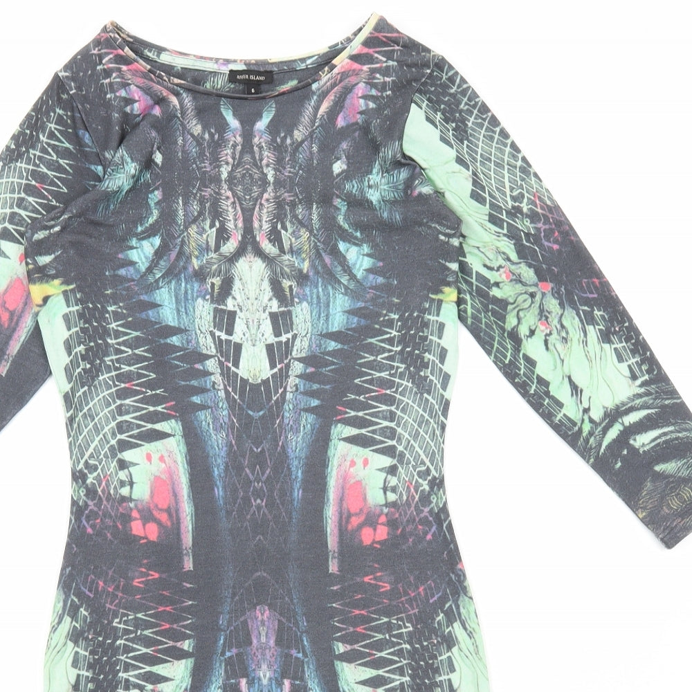 River Island Womens Multicoloured Geometric Polyester Bodycon Size 6 Round Neck