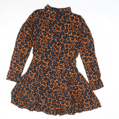 Topshop Womens Brown Animal Print Viscose Fit & Flare Size 10 High Neck Zip