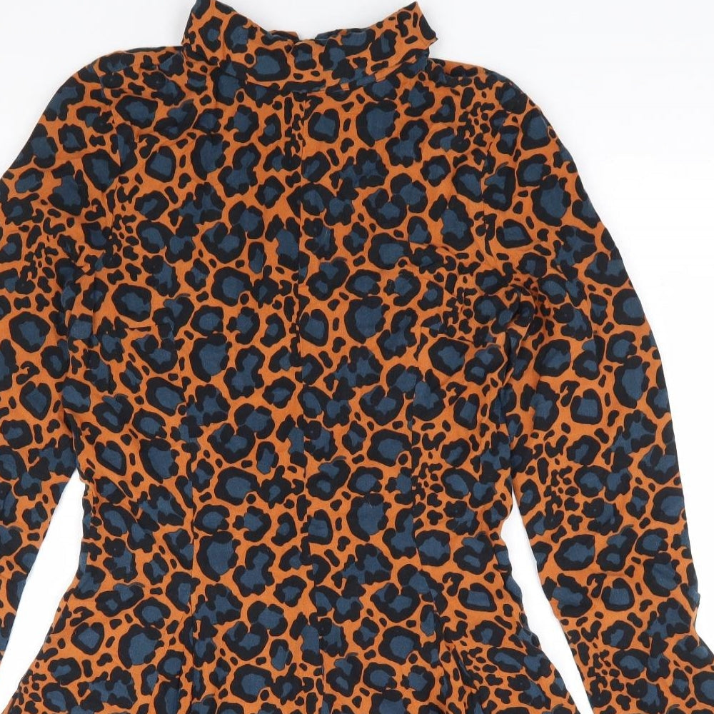 Topshop Womens Brown Animal Print Viscose Fit & Flare Size 10 High Neck Zip