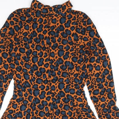 Topshop Womens Brown Animal Print Viscose Fit & Flare Size 10 High Neck Zip
