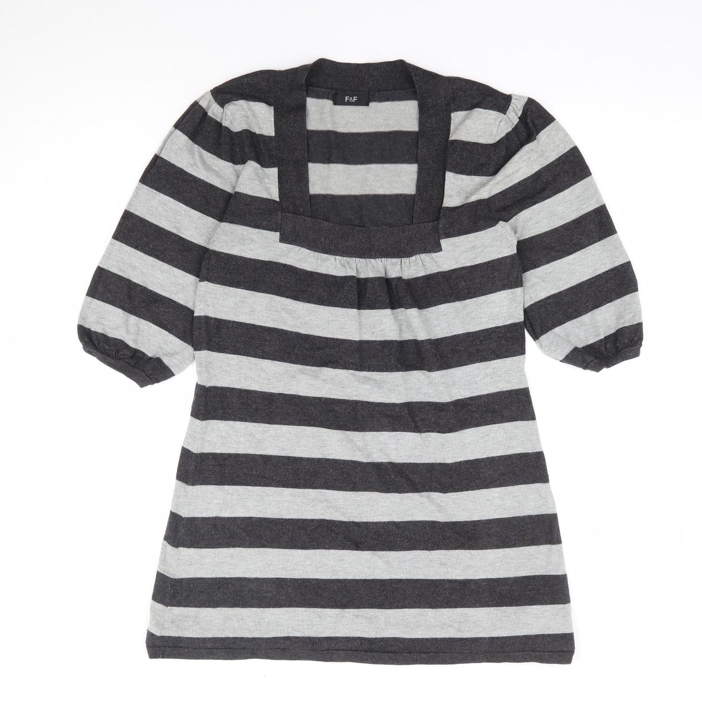 F&F Womens Grey Square Neck Striped Viscose Tunic Jumper Size 10