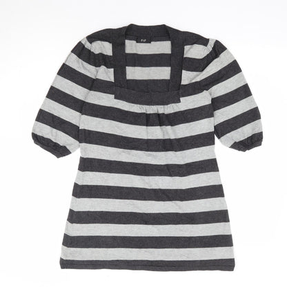 F&F Womens Grey Square Neck Striped Viscose Tunic Jumper Size 10