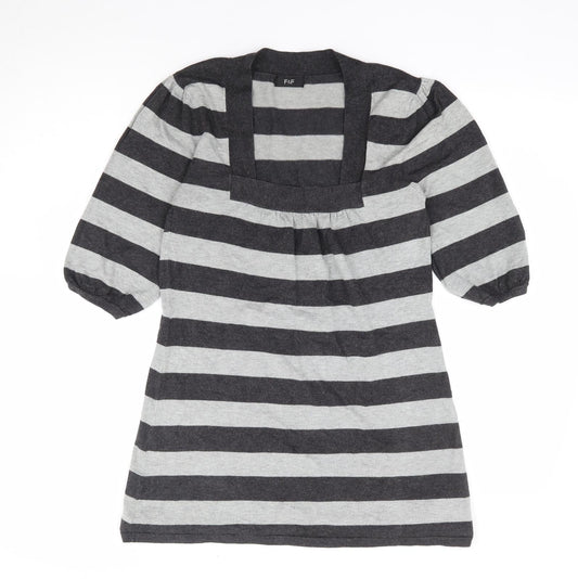 F&F Womens Grey Square Neck Striped Viscose Tunic Jumper Size 10