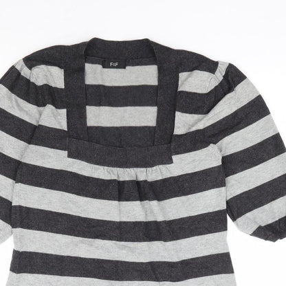 F&F Womens Grey Square Neck Striped Viscose Tunic Jumper Size 10