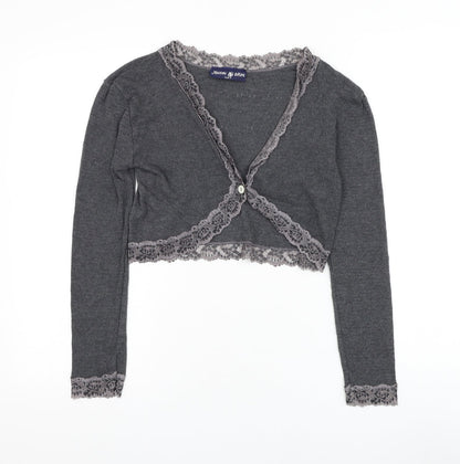 Fohann Brown Womens Grey V-Neck Polyester Cardigan Jumper Size 4