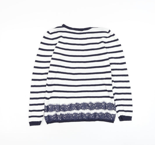 Dorothy Perkins Womens White Round Neck Striped Viscose Pullover Jumper Size 8