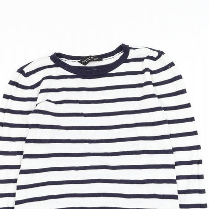 Dorothy Perkins Womens White Round Neck Striped Viscose Pullover Jumper Size 8