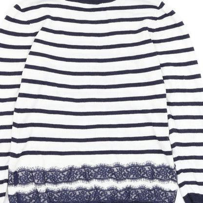Dorothy Perkins Womens White Round Neck Striped Viscose Pullover Jumper Size 8