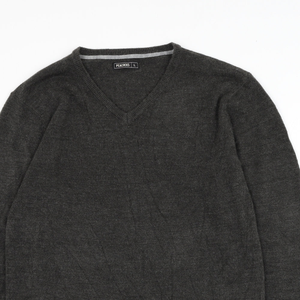 Peacocks Mens Grey V-Neck Acrylic Pullover Jumper Size L