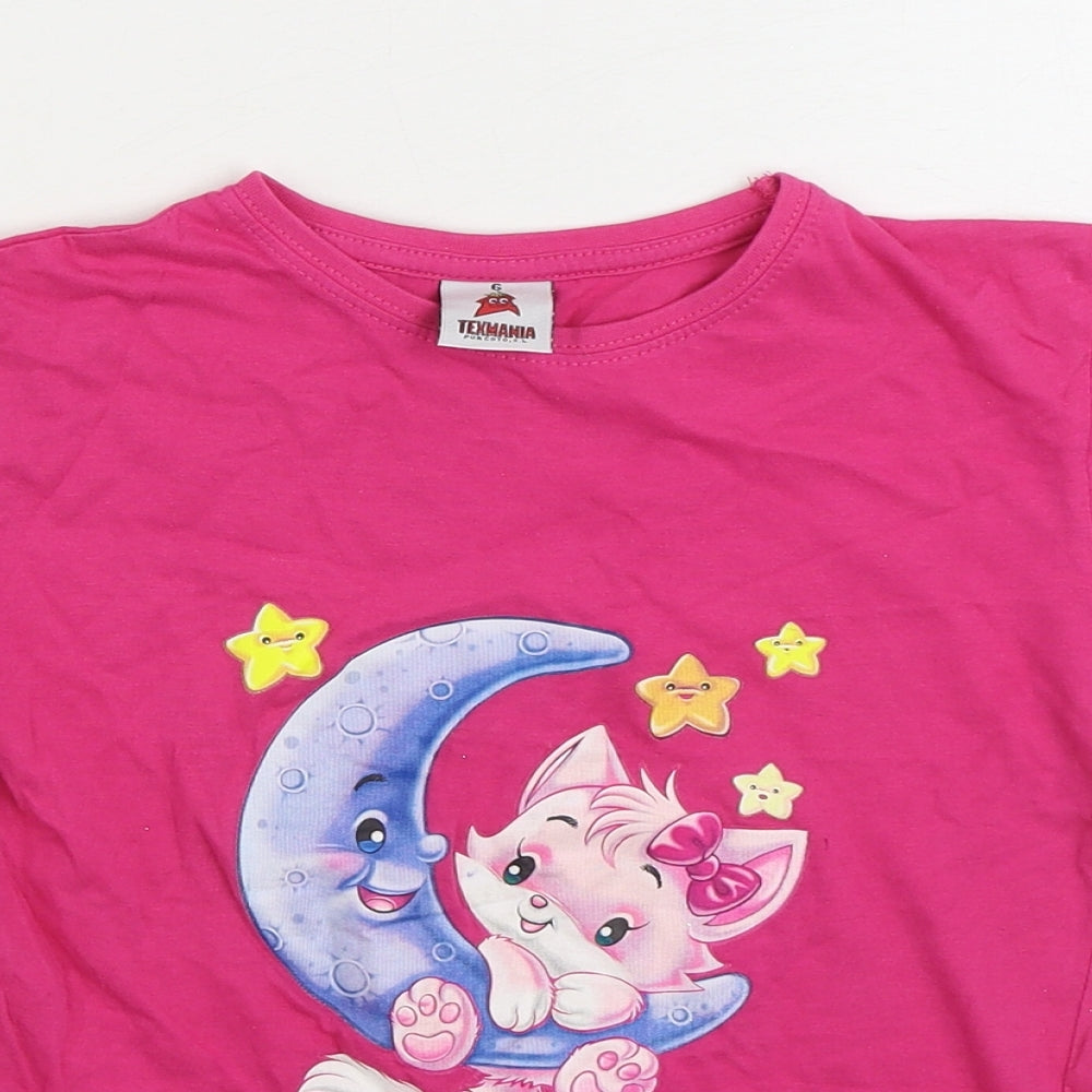 Texmania Girls Pink 100% Cotton Basic T-Shirt Size 6 Years Round Neck Pullover - Cat