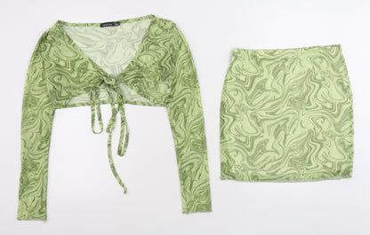 Boohoo Womens Green Geometric Polyester Wrap Blouse Size 12 V-Neck - 2 Piece set