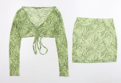 Boohoo Womens Green Geometric Polyester Wrap Blouse Size 12 V-Neck - 2 Piece set