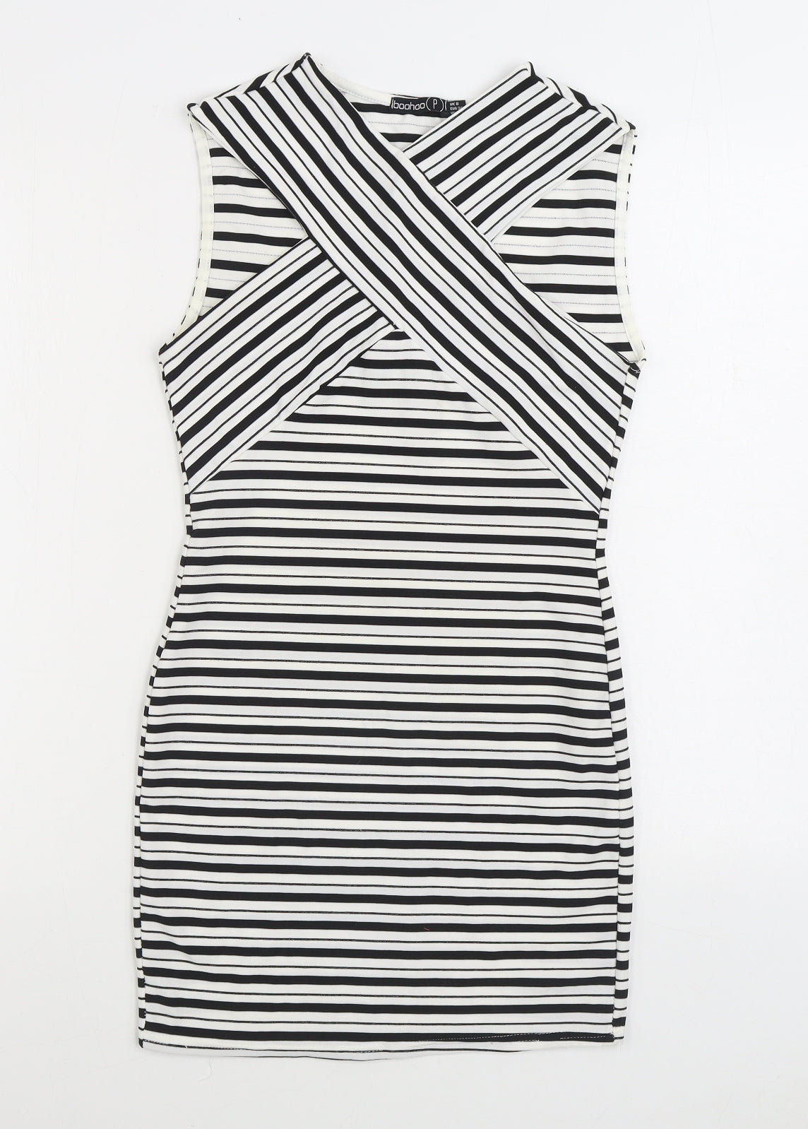 Boohoo Womens Black Striped Polyester Pencil Dress Size 8 V-Neck Pullover