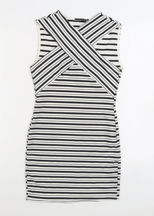 Boohoo Womens Black Striped Polyester Pencil Dress Size 8 V-Neck Pullover
