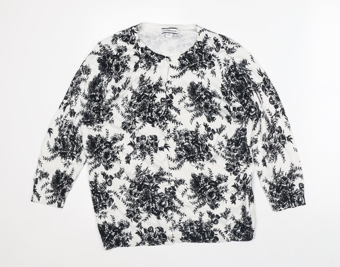 Croft & Barrow Womens White Round Neck Floral Cotton Cardigan Jumper Size M