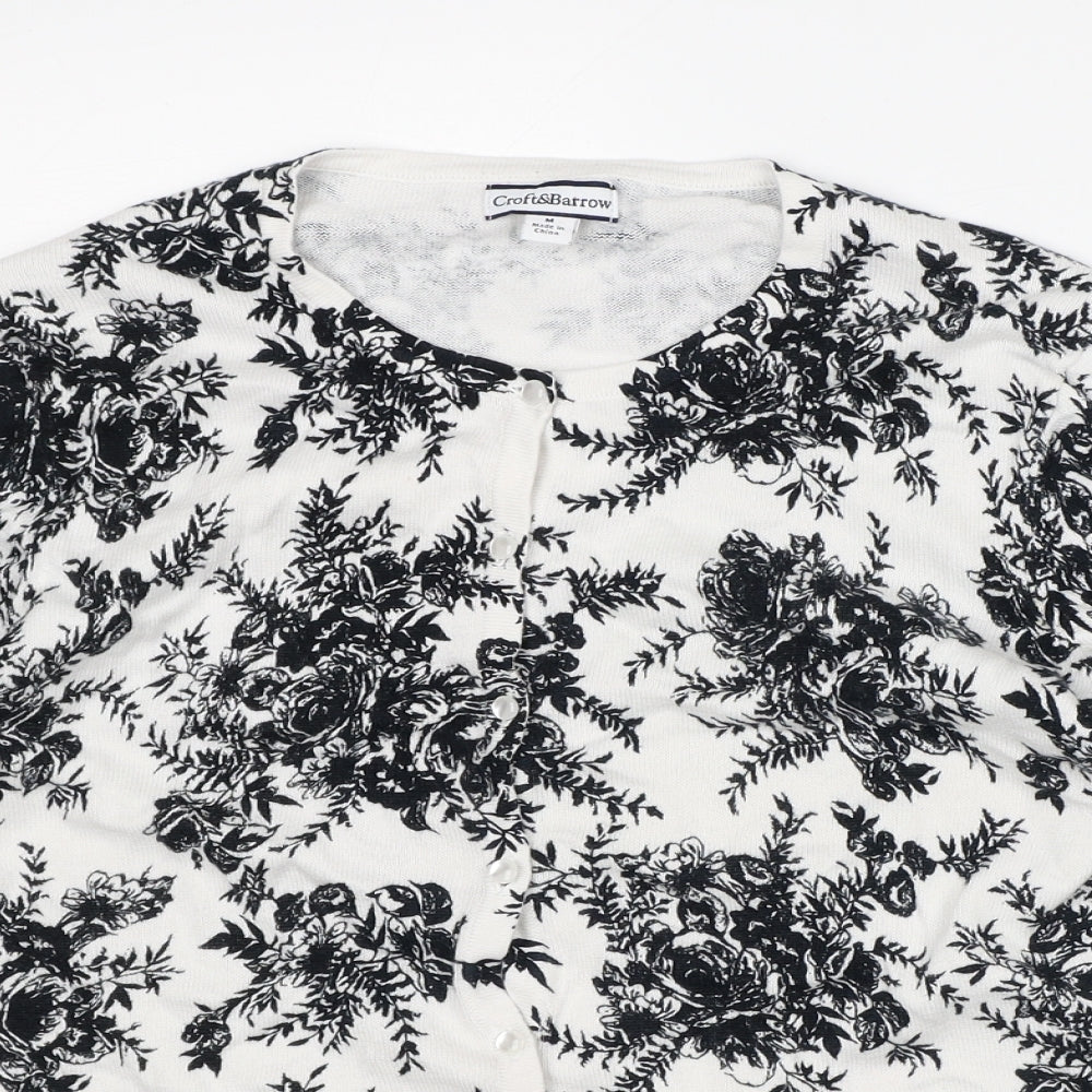 Croft & Barrow Womens White Round Neck Floral Cotton Cardigan Jumper Size M