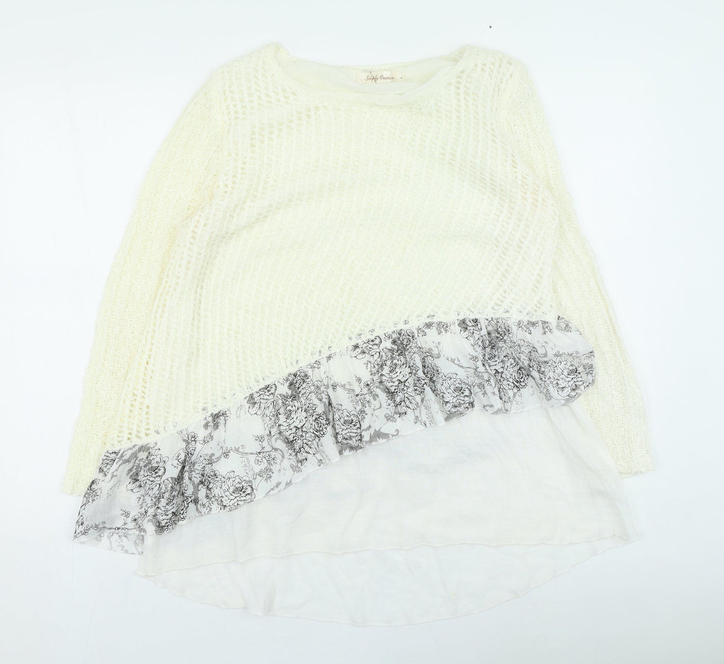 Simply Couture Womens Ivory Round Neck Floral Cotton Pullover Jumper Size L - Lace Trim