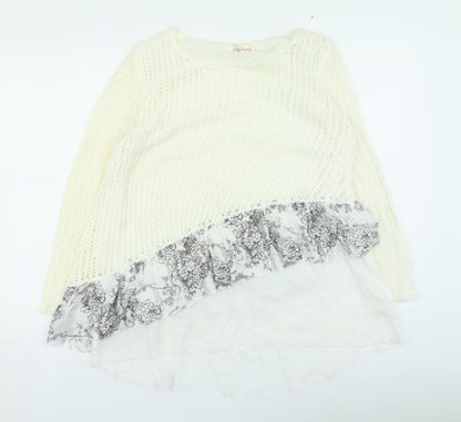 Simply Couture Womens Ivory Round Neck Floral Cotton Pullover Jumper Size L - Lace Trim