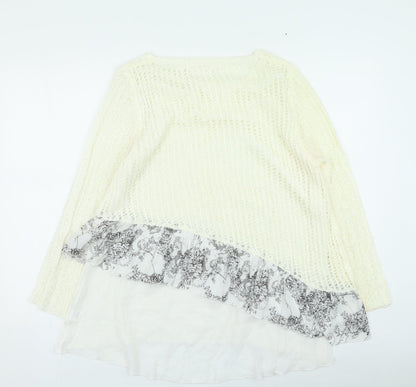 Simply Couture Womens Ivory Round Neck Floral Cotton Pullover Jumper Size L - Lace Trim