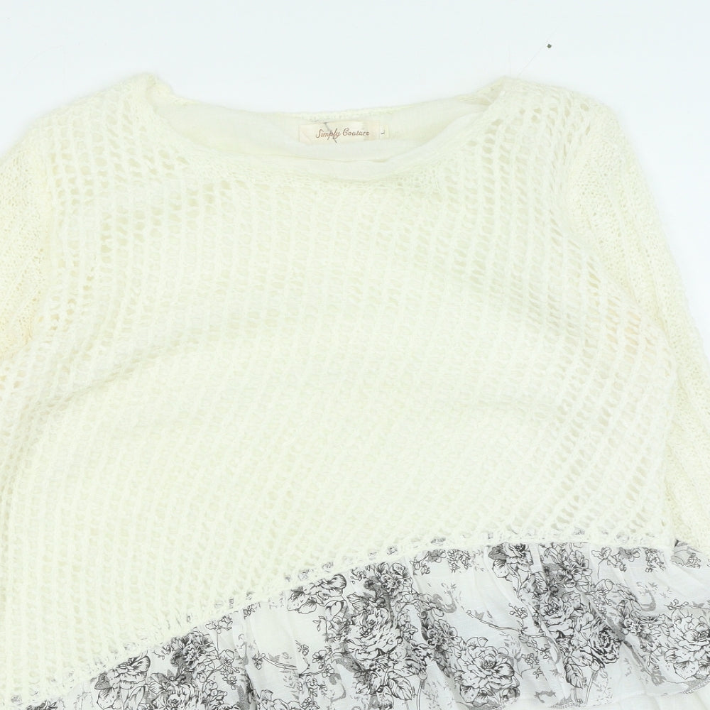 Simply Couture Womens Ivory Round Neck Floral Cotton Pullover Jumper Size L - Lace Trim