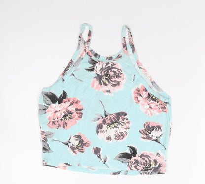 Miss Selfridge Womens Blue Floral Viscose Cropped Tank Size 10 Round Neck