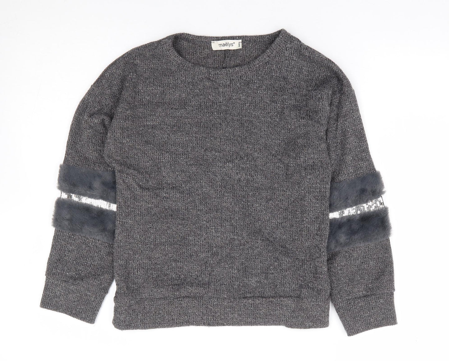 Maelys Girls Grey Round Neck Polyester Pullover Jumper Size 12 Years Pullover - Embellished Sleeves