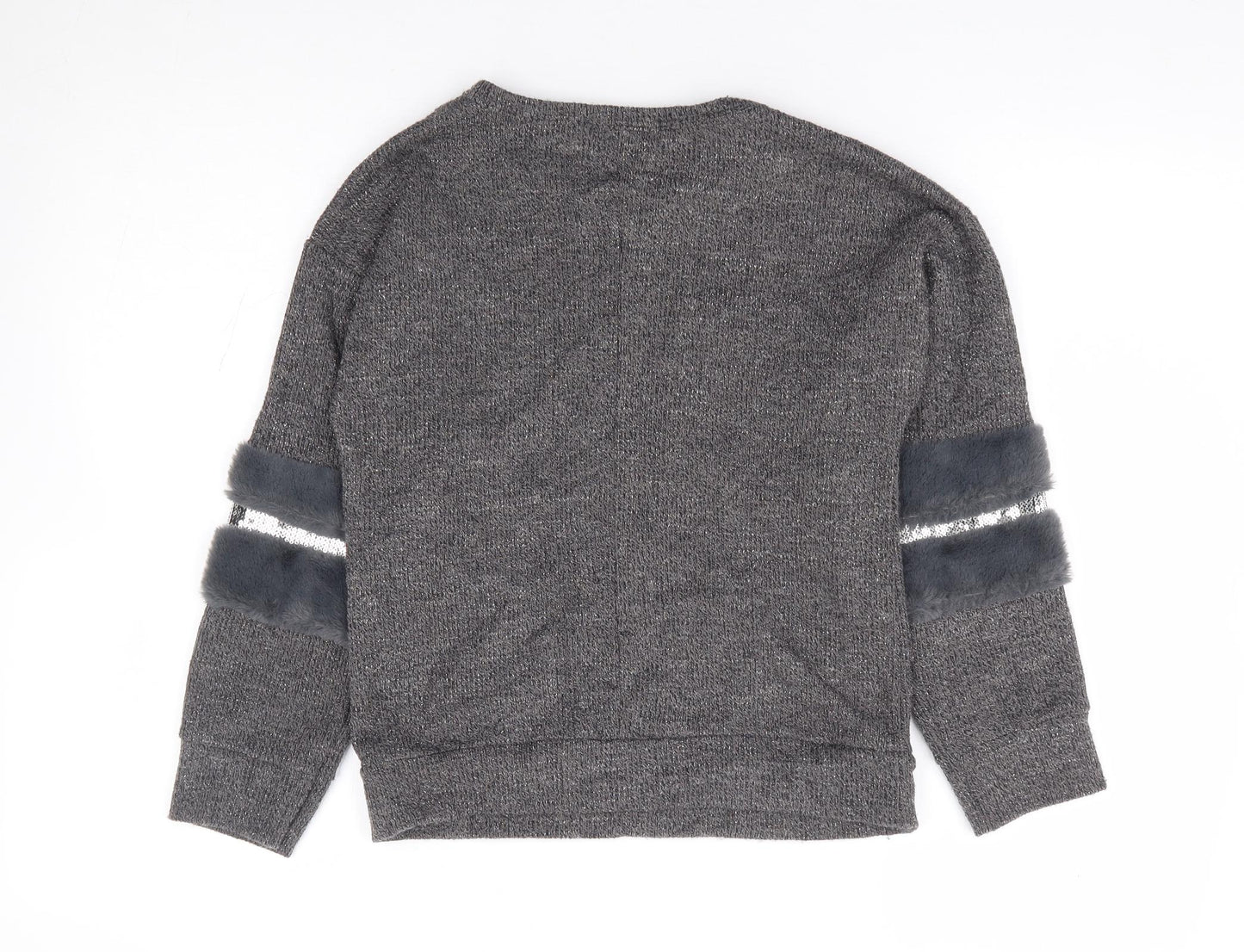 Maelys Girls Grey Round Neck Polyester Pullover Jumper Size 12 Years Pullover - Embellished Sleeves