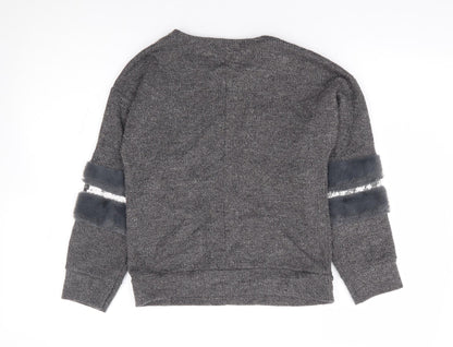Maelys Girls Grey Round Neck Polyester Pullover Jumper Size 12 Years Pullover - Embellished Sleeves