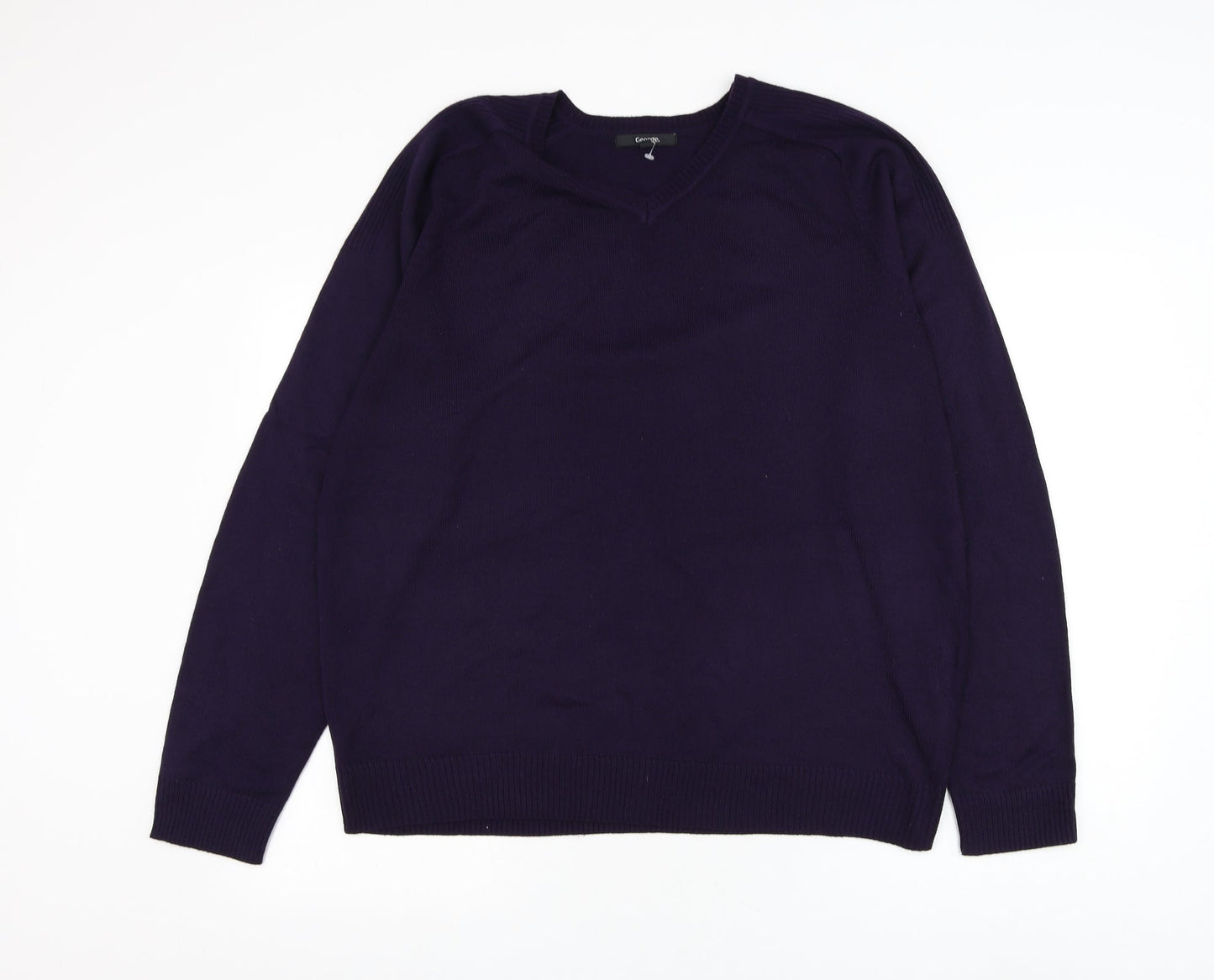 George Mens Purple V-Neck Acrylic Pullover Jumper Size L