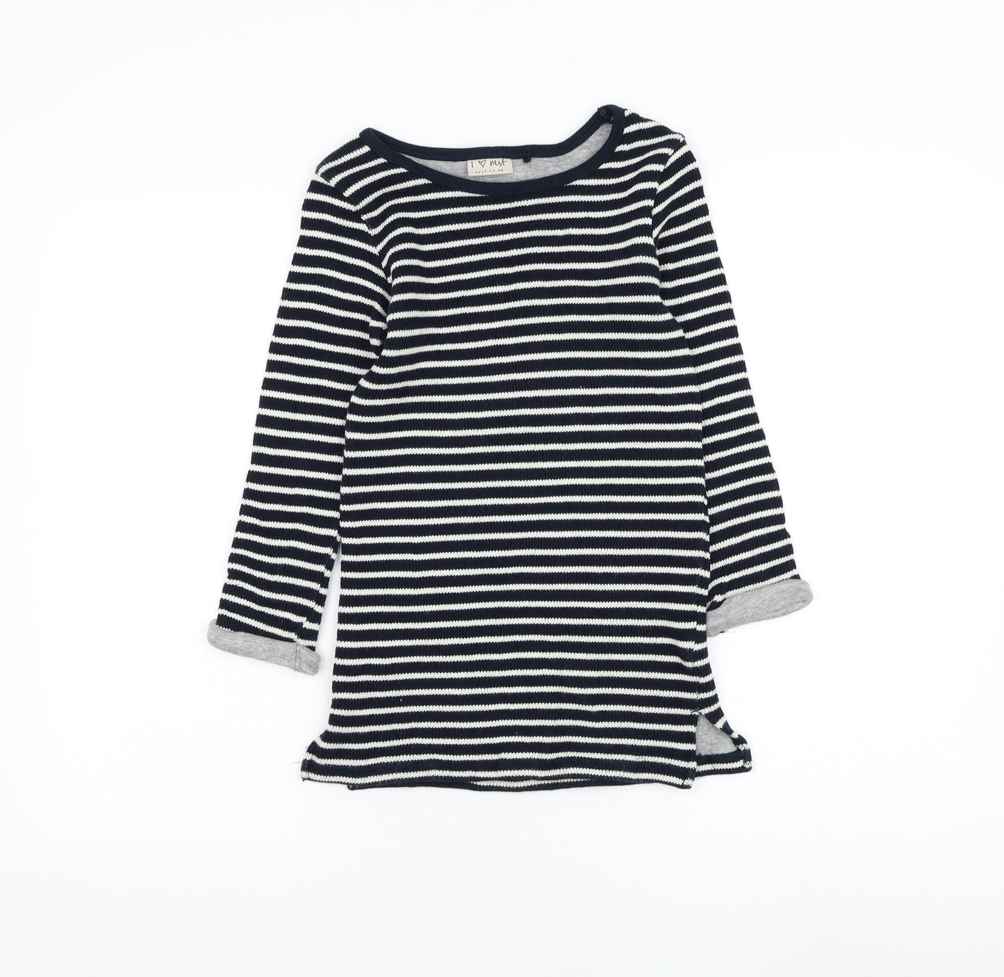 NEXT Girls Blue Striped Cotton Jumper Dress Size 7 Years Round Neck Pullover