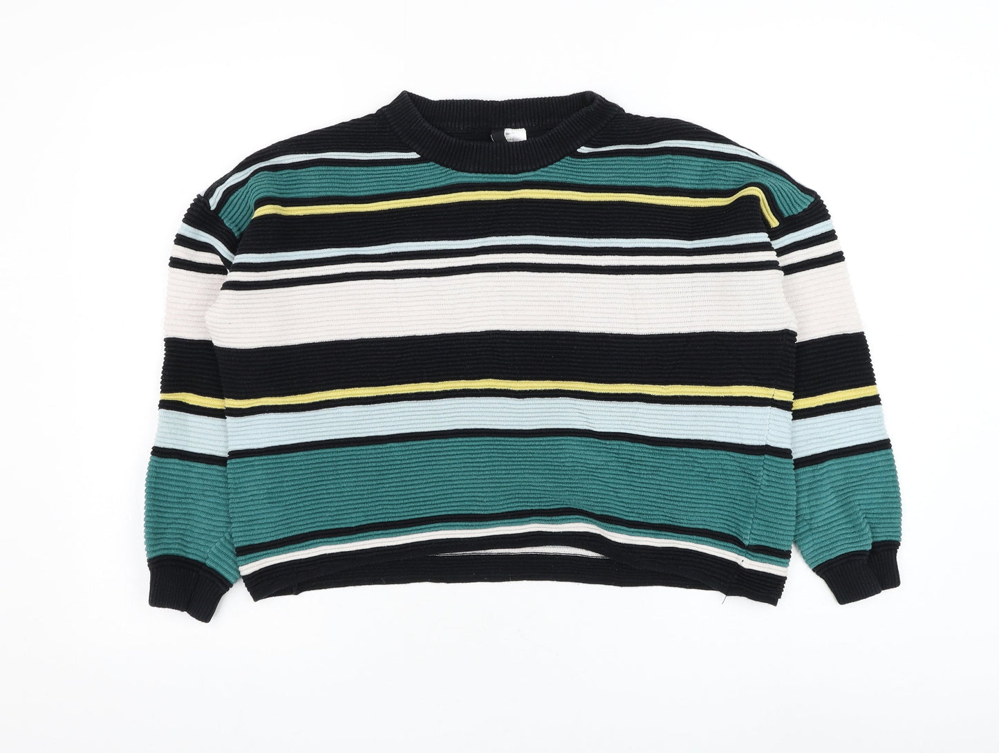 H&M Womens Black Round Neck Striped Cotton Pullover Jumper Size S