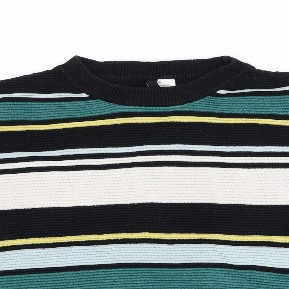 H&M Womens Black Round Neck Striped Cotton Pullover Jumper Size S