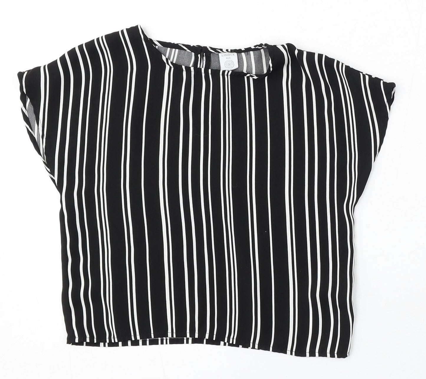 Lindex Girls Black Striped Polyester Basic Blouse Size 7-8 Years Round Neck Button