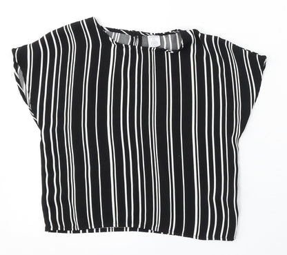 Lindex Girls Black Striped Polyester Basic Blouse Size 7-8 Years Round Neck Button