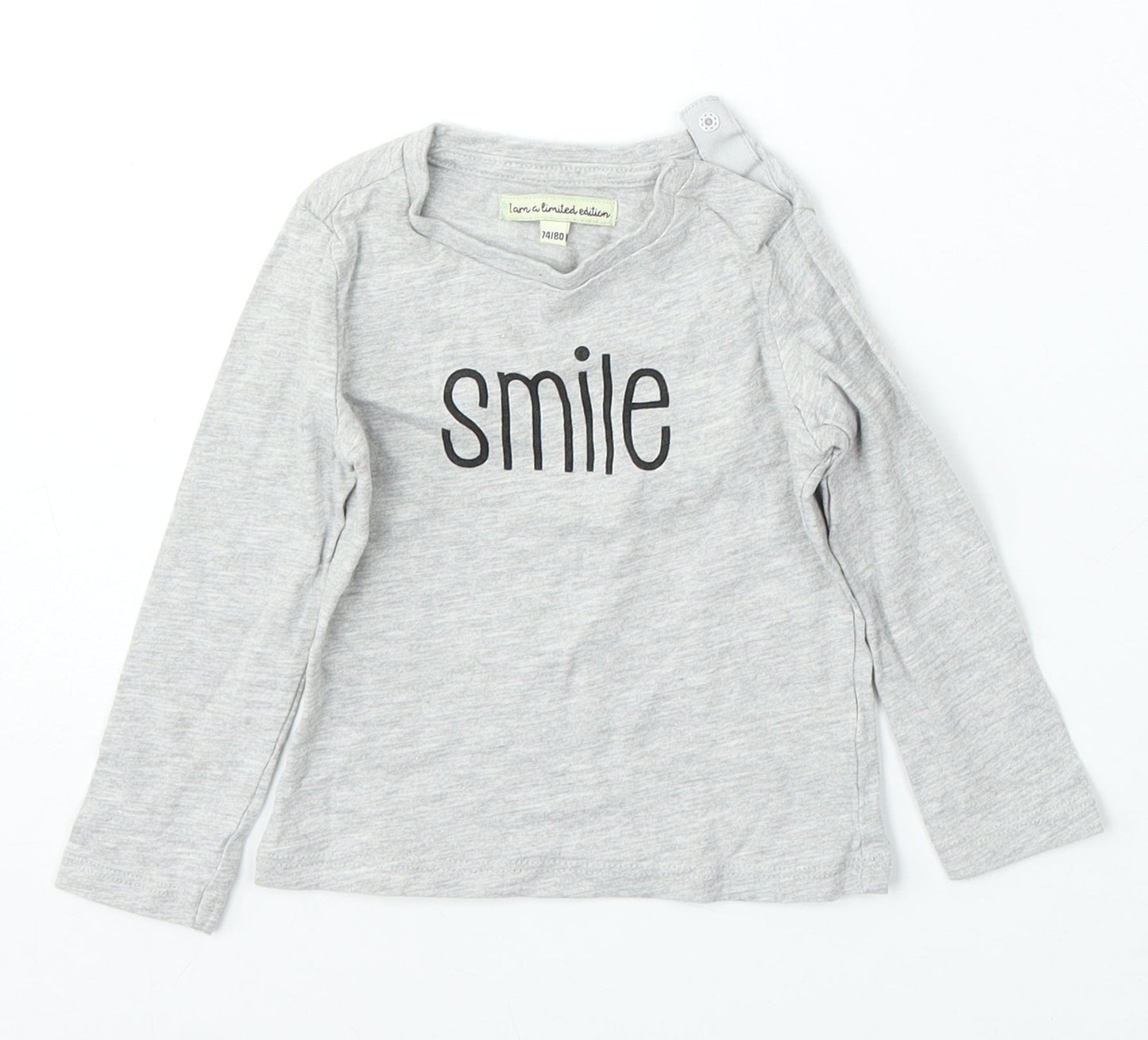 Limited Edition Girls Grey Cotton Basic T-Shirt Size 9-12 Months Round Neck - Smile