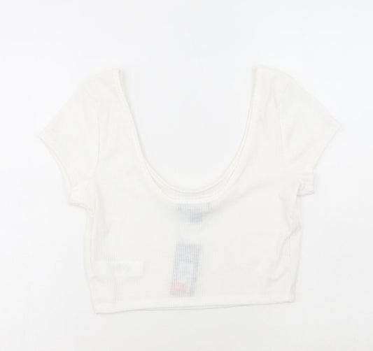 Primark Womens White Polyester Cropped T-Shirt Size S Scoop Neck