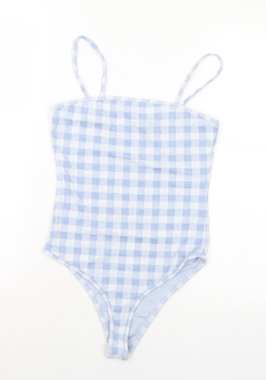 Primark Womens Blue Check Polyester Bodysuit One-Piece Size 6 - 6-8